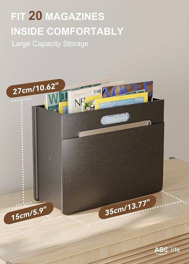 ABC life Magazine Holder, Stable Magazine Rack Floor, Black | Foldable PU Leather Newspaper Book Storage Basket Box, Upgraded Magazine Free Standing, for Living Room Home Office