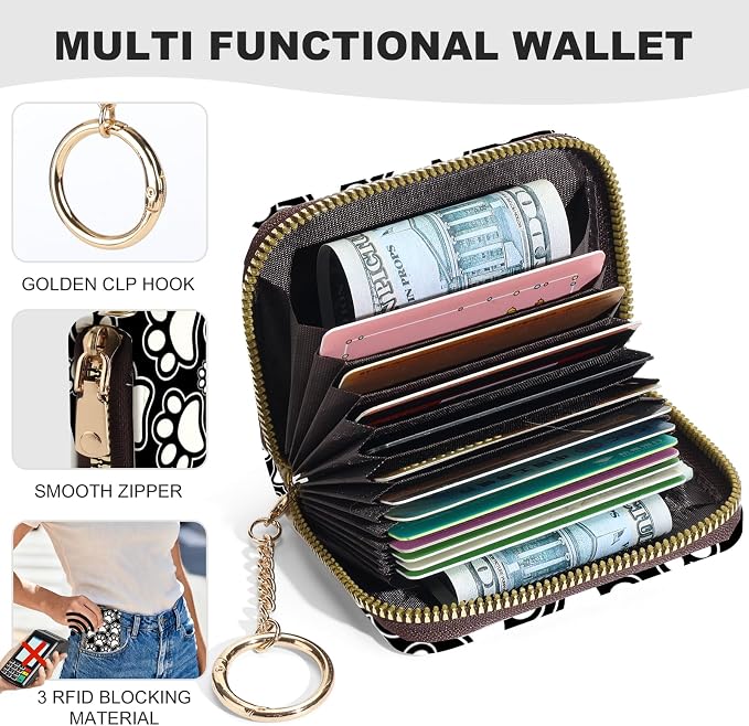 Credit Card Holder for Women,Small Rfid Wallet with Keychain Zipper,Cute PU Leather Card Case Wallet，Accordion Credit Card Wallets Gift,Black and white paw prints