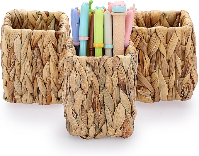 BTSKY 3 Pack Water Hyacinth Pencil Holder, Handmade Wicker Pen Cup Makeup Brushes Holder, Pen Pencil Cup Organizer Chic Woven Desktop Accessories Pens Container Box for Office Home Desktop, Square