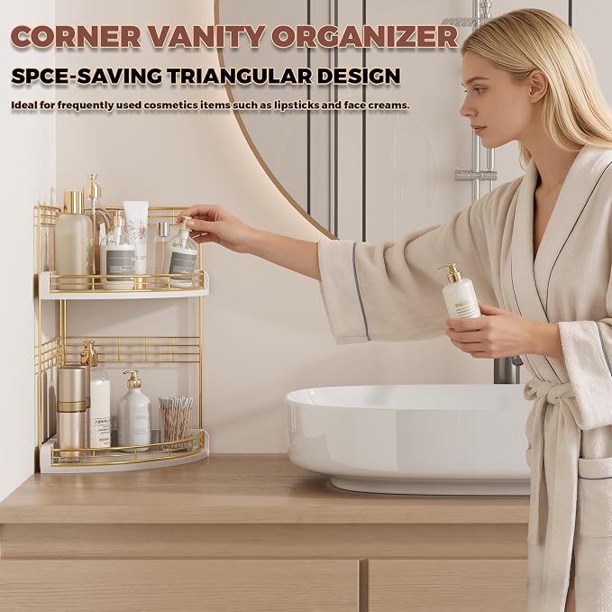 Bathroom Countertop Corner Organizer for Small Spaces, 2-Tier Counter Shelf | Oak Wood & Iron, Fan-Shaped Counter Shelf for Sink & Vanity Corners, Skincare, Toiletries, Compact Vertical Storage, White