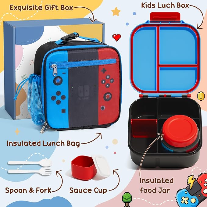 Fimibuke Kids Bento Lunch Box w/ 8.5oz Thermo Food Jar, Insulated Lunch Bag | Leak Proof 3-4 Compartments 60oz Toddler Lunch Food Container with Utensils, Sauce Cup for School Boys Girls, Dishwasher Safe