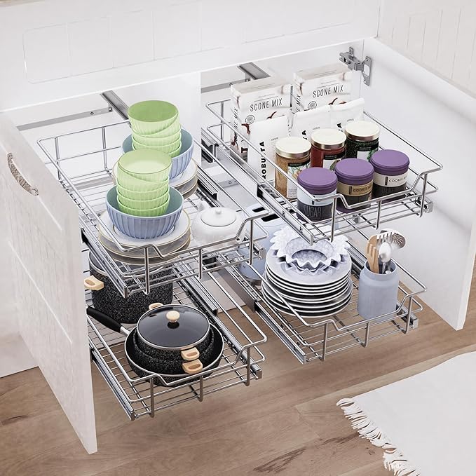 Pull Out Cabinet Organizer 24" W X 22" D, Slide Out Drawers For Kitchen Organizers and Storage, Pull Out Drawers For Cabinets Capacity Heavy Duty Caddy, Cabinet Shelves Chrome-Plated, Bathroom Pantry