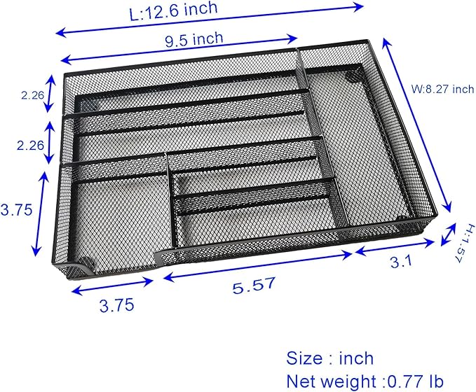 Desk Drawer Organizer Metal Mesh Drawer Organizer Tray for Office School or Home Supplies Desktop Storage Stationery, 6 Compartments, 12.6 x 8.27 x 1.57 inch，Black (2pc pack)