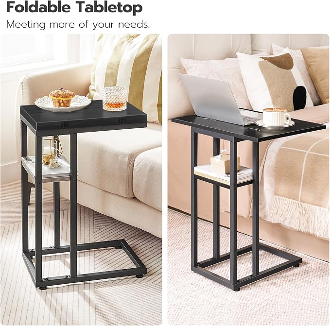 HOOBRO Foldable C Shaped End Table, C Shaped Side Table with Storage Shelf, Small Snack Table, Slide Under Couch Table for Sofa, Living Room Bedroom Small Spaces Easy Assembly, Black BK29SF01