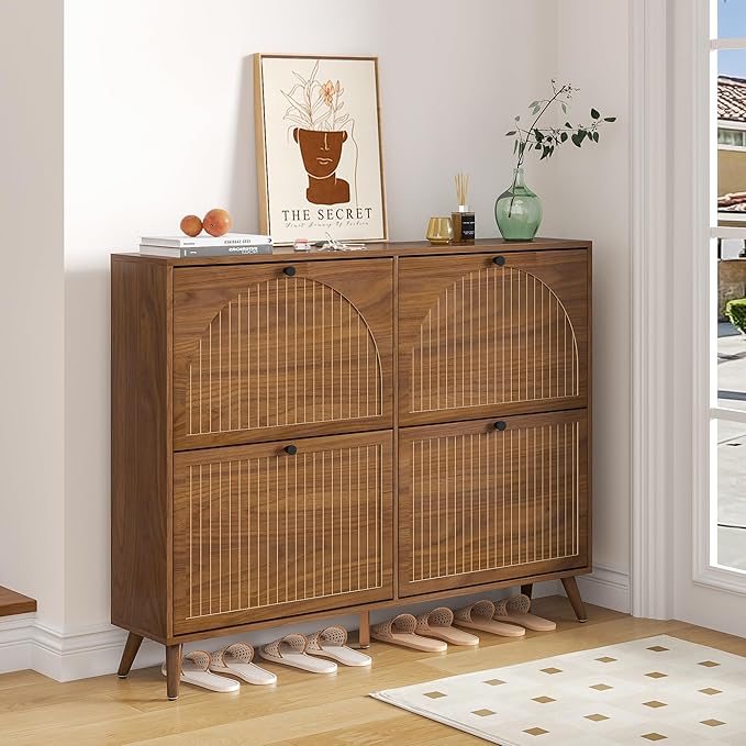 Fsbecl Shoe Storage Cabinet for Entryway with 4 Flip Drawers, Narrow Shoe Organizer with Fluted Panel, Freestanding Wood Hidden Shoe Cabinet (Walnut, 4 Flip Drawers)