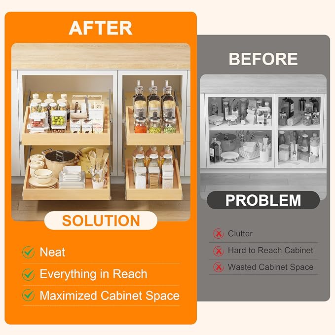Pull Out Cabinet Organizer, 32" W x 21" D | Soft Close Pull Out Drawers for Cabinets with Heavy Duty Slides, Wood Slide Out Drawers for Kitchen Cabinets