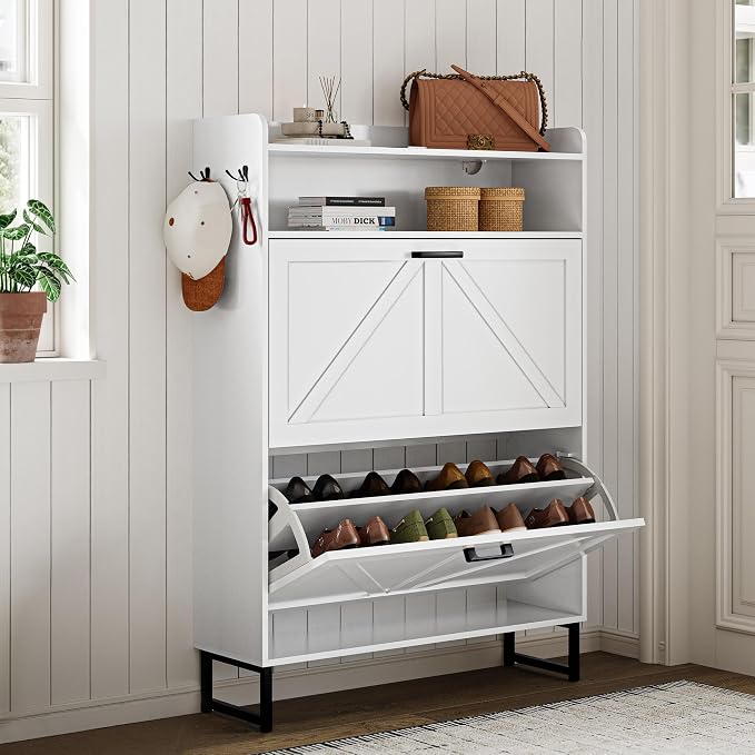 Wodeer Shoe Storage Cabinet with 2 Flip Drawers, Narrow Wood Shoe Cabinet Storage for Entryway with Metal Legs & Hooks, Adjustable Shelves, Freestanding Shoe Rack Organizer for Foyer, Hallway, White
