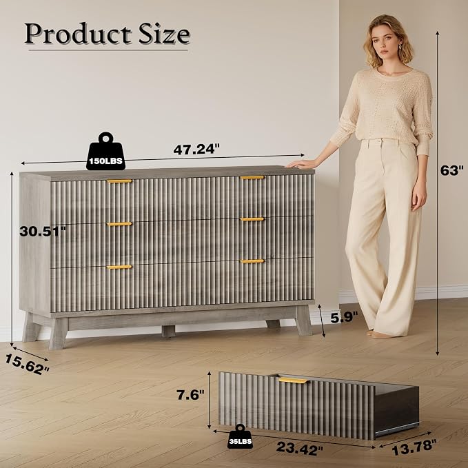 BORNOON Fluted 6 Drawer Dresser, 47.2" Wide Modern Boho Chest of Drawers, Wooden Storage Dresser TV Stand for Bedroom, Living Room, Closet, Hallway, Curved Profile Design