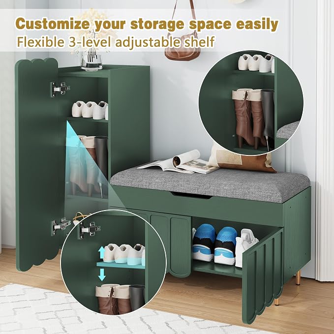 3More Shoe Organizer Cabinet,Entryway Bench with Adjustable Shelves and Cushioned Seat,Unique L-Shaped Bench Cabinet for Entryway, Hallway, Living Room