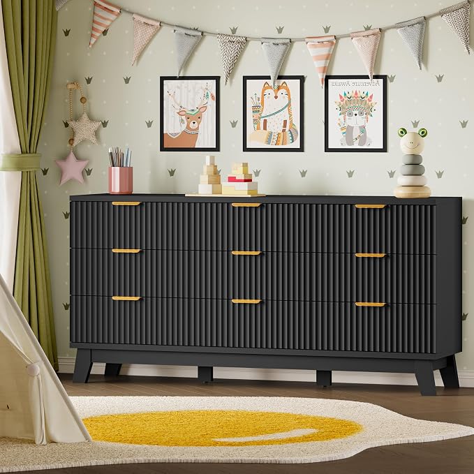 BORNOON Fluted 9 Drawer Dresser, 57.1" Wide Modern Boho Chest of Drawers, Wooden Storage Dresser TV Stand for Bedroom, Living Room, Closet, Hallway, Curved Profile Design
