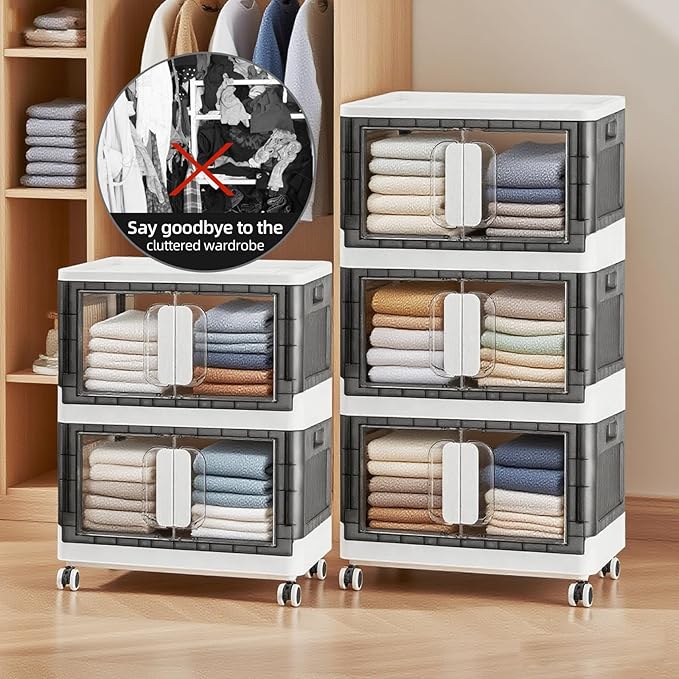 Folding Storage Organizer with Silent casters | Stackable Design for Home & Office, Heavy-Duty Plastic Storage Bin with Clear Door, 3 Sizes (19.5/23.5/27.5in),Black/White (19.7" 1 layer, White)