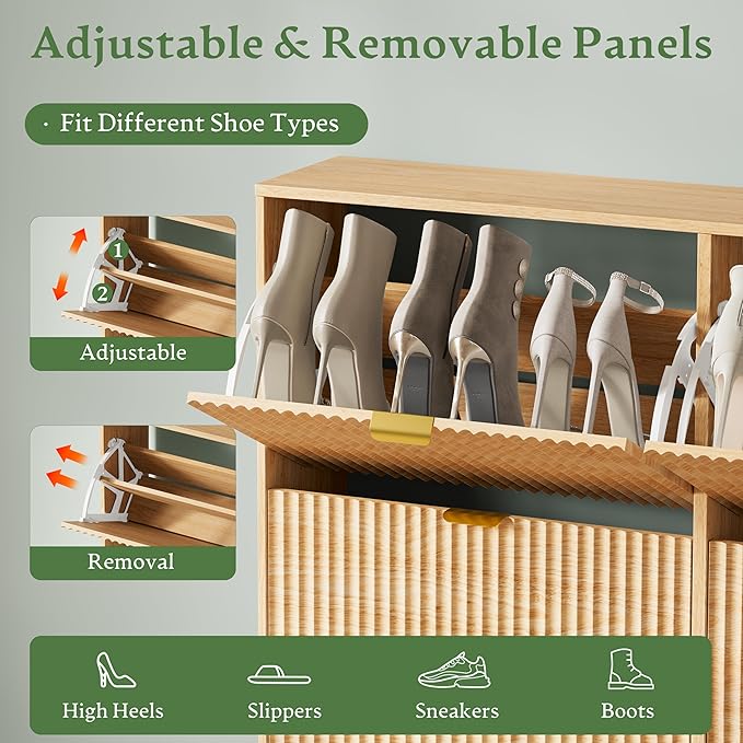 Xixini Shoe Storage Cabinet for Entryway with 4 Flip Drawers, Hidden Slim Wood Shoe Organizer with Modern Fluted Panel, Freestanding Narrow Shoe Rack for Front Door Entrance, Hallway, Foyer, Oak