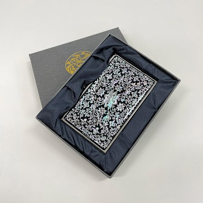 Mother of Pearl Business Card Case Credit Id Name Holder Travel Wallet Art Painting Design Metal Stainless Steel Engraved Slim Purse Pocket Cash Money Wallet (Arabesque)