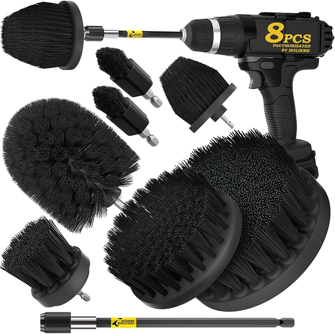 Holikme 8Pc Drill Brush Set - Scrub Brushes with Extension for Home Clean | Nylon Fibers, Power Scrubber Attachments for Tile, Tub, Shower, Floors, Kitchen and Auto Interior Care, Cleaning Tools, Black