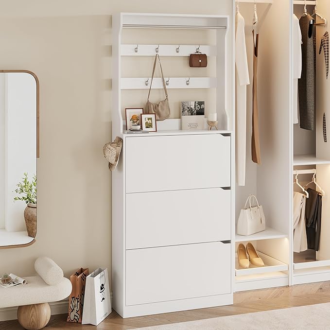 Wodeer Tall Shoe Cabinet with Coat Rack, Hidden Shoe Storage Cabinet with Doors & Drawer, Hanging Bar & Hooks, Slim Narrow Freestanding Shoe Rack Organizer for Entryway, Hallway & Living Room, White