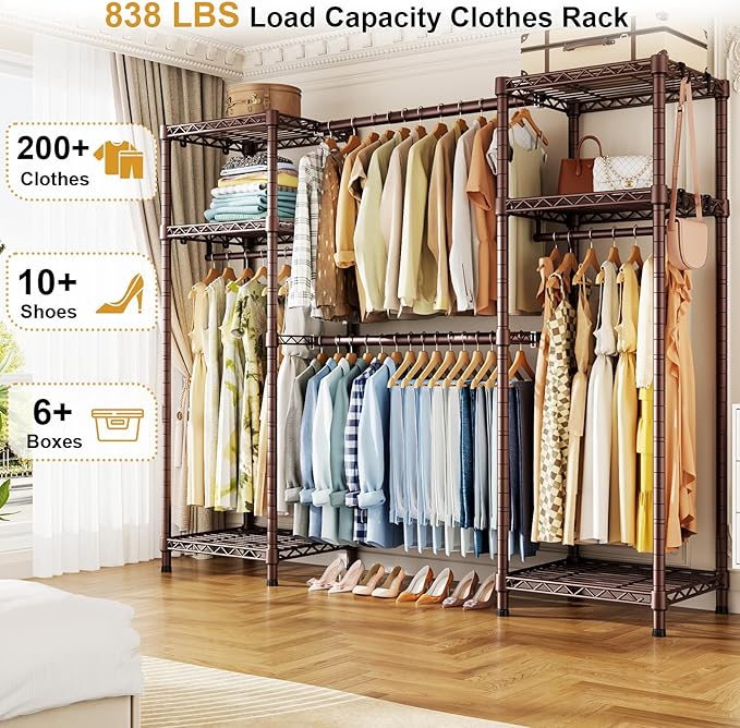 Ulif E7 Garment Rack, Heavy Duty Clothes Storage System with Extendable Hangers Rods, Metal Clothing Rack with 6 Wire Shelves, (52.3"-72") W x 14.5" D x 71.2" H, Load 838lbs, Bronze