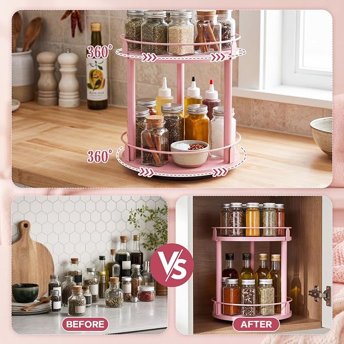 Light Pink Lazy Susan Organizer 2 Tier, Spice Rack Lazy Susan Organizer for Cabinet 10 Inch Rotating Spice Holder for Kitchen Countertop Pantry Dining Table Coffee Bar Storage