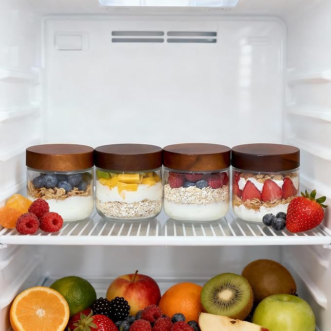 Danmu 12 oz Overnight Oats Containers with Lids,Glass Jars with Lids 6 Pack | Wooden Lid,Mason Jars 12 oz with Lids,Meal Prep,Yogurt,Leak-proof,Dishwasher Safe(remove lids),Fridge Safe,Portable
