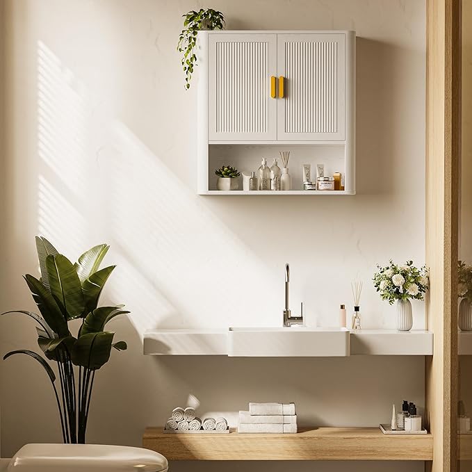 INNOD Bathroom Wall Cabinet, Wall-Mounted Medicine Cabinet with Adjustable Wood Shelf & Doors, Floating Bathroom Cabinet Over Toilet for Laundry Room & Kitchen & Living Room (White)