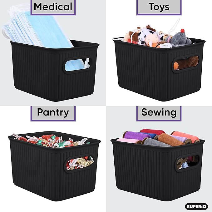 Superio Ribbed Collection - Decorative Plastic Basket Open Home Storage Bins Organizer, Small Brown (1 Pack) Container Boxes for Organizing Closet Storage Bins for Shelves Drawer Shelf 1.5 Liter