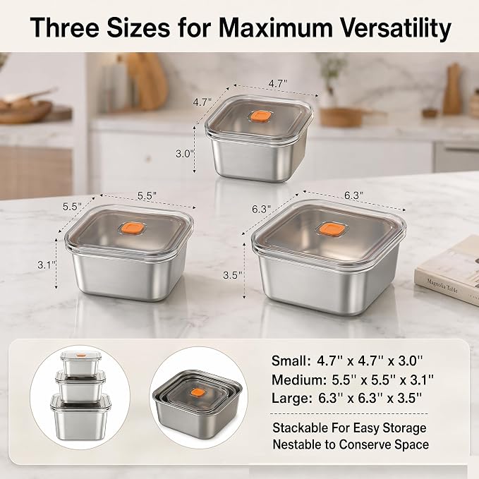 3 Pack Stainless Steel Food Storage Containers with Lids, Meal Prep Containers, Vacuum-Sealed Airtight Leakproof, Microwave/Dishwasher/Freezer Safe, Multi-Size for Fresh Storage (15+27+37oz)