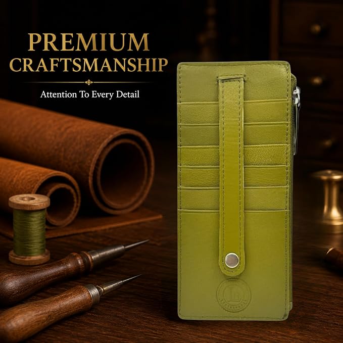 Leatherboss Genuine Leather Women's All in One Credit Business Card Case Holder Slim Zipper Wallet With a Card Protection Strap, Army Green