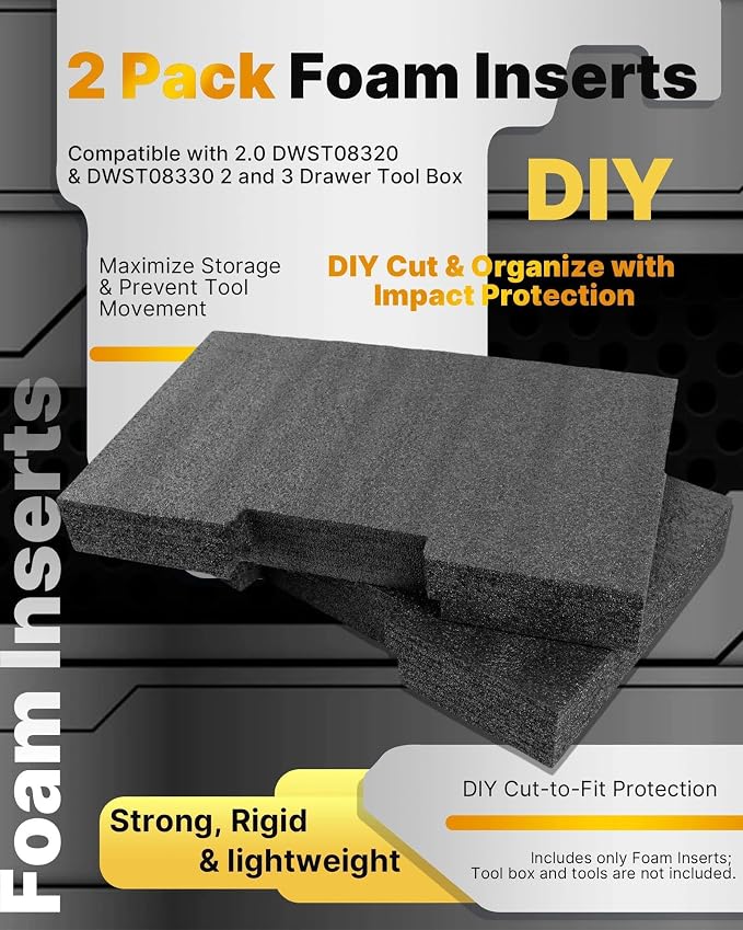 2 Pack Organizer Foam Inserts Compatible with 2.0 DWST08320 & DWST08330 2 and 3 Drawer Tool Box, Black Customizable Foam Inserts – DIY Cut & Organize with Impact Protection