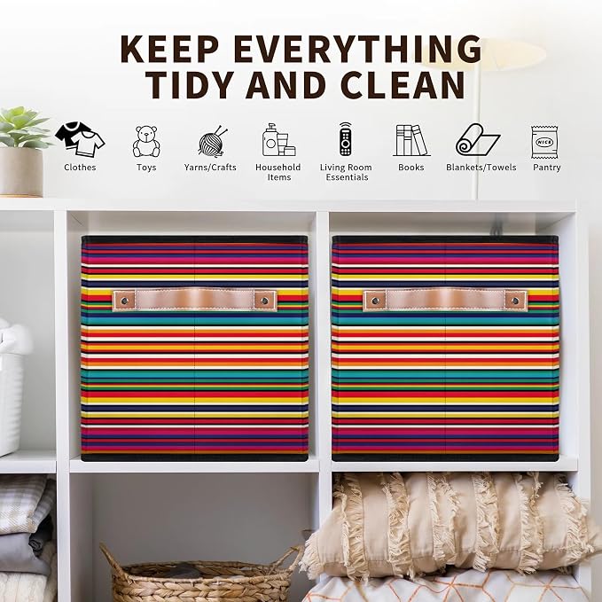 Mexican Closet Storage Bin, Foldable Storage Baskets for Shelves, Decorative Shelf Organizer Abstract Aztec Gradient Lines Fabric Cube Bin for Living Room Bedroom Home Dorm