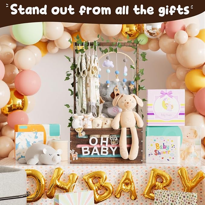 Large Baby Shower Gifts Basket Wooden Crate, Personalized Wooden Letters Hangers New Born Baby Girl Boy Gifts Vine Decorations Closet with Adjustable Handle Pregnancy Gifts for New Mom Parents Brown