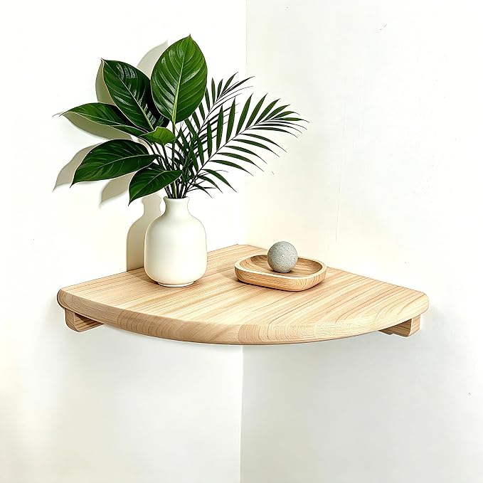 8.7" Floating Corner Shelf, Solid Wood Wall Mount with Wire Hole | Round end design, fits small decor, plants, photo frames & speakers; for bedroom, kitchen, living room