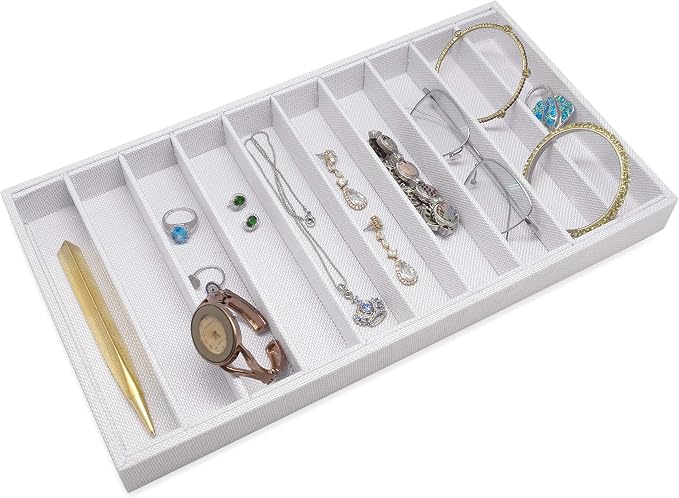 The Display Guys - Stackable Jewelry Tray and Organizer - for Drawers, Dressers, Store Display (10 Compartments, White Burlap)