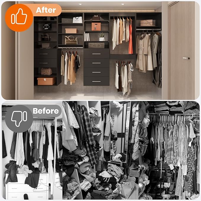 ROOMTEC Modular Closet System, 55" Wall Mounted Closet Organizer with Hanging Rods and Drawers, Wooden Tower for Walk-In Closets, Wardrobe Storage Kit, Black
