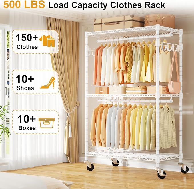 ULIFHOME P1 Rolling Clothes Rack Heavy Duty, Metal Closet Clothing Rack with Lockable Wheels, Portable Wardrobe Closet for Hanging Clothes, 35.5" W x 15.7" D x 80.5" H, Hold 500lbs, White