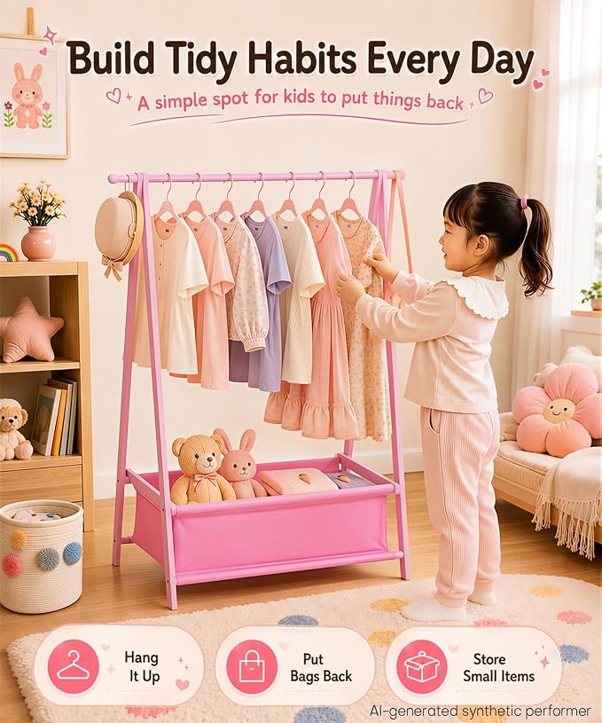 Homde Sturdy Kids Clothes Rack: 66 lb Capacity for Growing Wardrobe Needs | Hanging Rod Holds Clothes, Basket Stores Items Below - Helps Kids Build Tidy Habits - Angled Bamboo Side Frames Add Stability