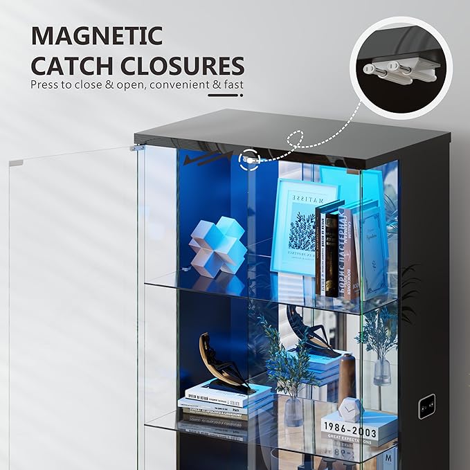 Lvifur 71” Glass Display Cabinet with Lights, Modern Curio Cabinet Display Cases for Collectibles, Locking Cabinet with Shelves & Drawers, Tall Bookcase with Human Body Sensor for Living Room (Black)
