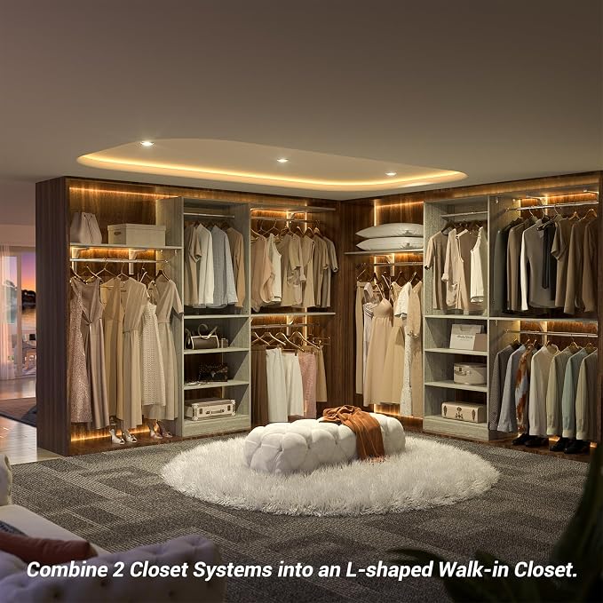 8FT Closet System with 3 Wooden Storage Shelves, 96'' Closet Organizer System with 3 Hanging Rods, Wall Mount Wardrobe Walk-in Closet, Adjustable Garment Rack from 5 to 8FT (Cut to Fit), White Oak