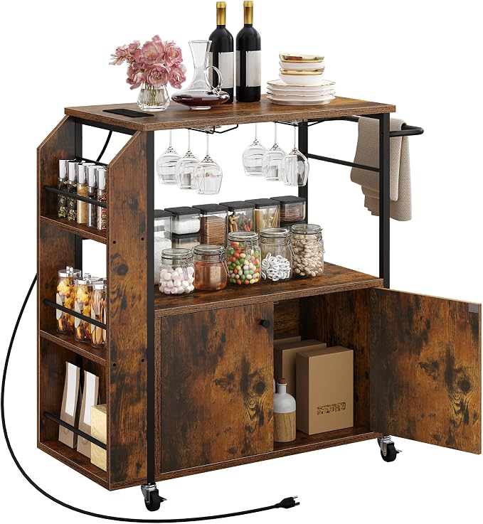 YITAHOME Kitchen Island Cart with Power Outlet, 36 Inch Mobile Kitchen Cart with Open Shelves, Rolling Portable Serving Utility Carts on Wheels with Storage for Kitchen, Dining Room, Brown