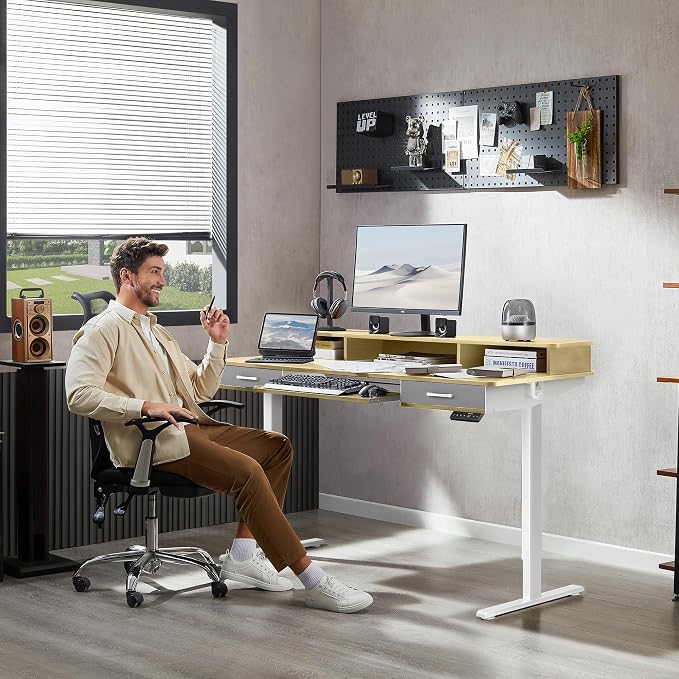 WALKINGDESK 63 Inches Electric Standing Desk with Keyboard Tray, Height Adjustable Sit to Stand Table with 2 Drawers, Ergonomic Home Office Desk with Storage Shelf, Computer Table, Oak