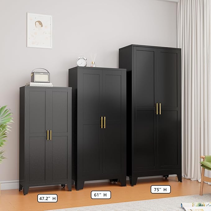 Ckzbx Black Metal Cabinets with Doors and Shelves, 61" H Storage Cabinet Pantry Cabinet Garage Cabinets for Kitchen, Living Room, Dinning Room