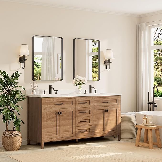 TETOTE Black Framed Bathroom Mirror, 24 x 32 Inch Matte Metal Frame Vanity Mirror, Farmhouse Wall Mounted Rectangle Mirror (Horizontal/Vertical)