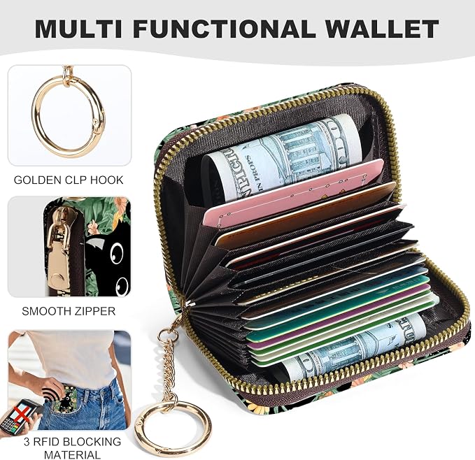 Credit Card Holder for Women,Small Rfid Wallet with Keychain Zipper,Cute PU Leather Card Case Wallet，Accordion Credit Card Wallets Gift,Yellow Flowers and Black Cats