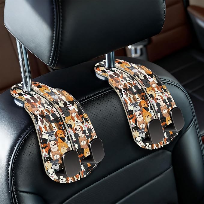 Blusabaca 2PCS Car Seat Headrest Hooks, Purses Bags Holder, Cute Dogs Puppy | PU Leather, Double Metal Back Storage Hangers for Grocery Bags Handbags Bottles Coats Phones, Car Accessories Organization