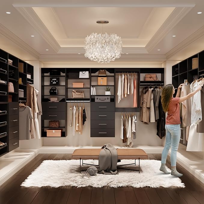 ROOMTEC Modular Closet System, 72" Wall-Mounted Closet Organizer with Hanging Rods and Shelves, Wooden Tower for Walk-In Closets, Wardrobe Storage Kit, Black