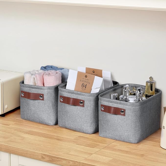 Small Fabric Storage Bins, Mini Storage Cubes, 7.8x6.7x5.9 inch | Decorative Storage Basket, Collapsible Storage Organizer, with Handles, For Desk Shelves Makeup, 4-Pack, Grey