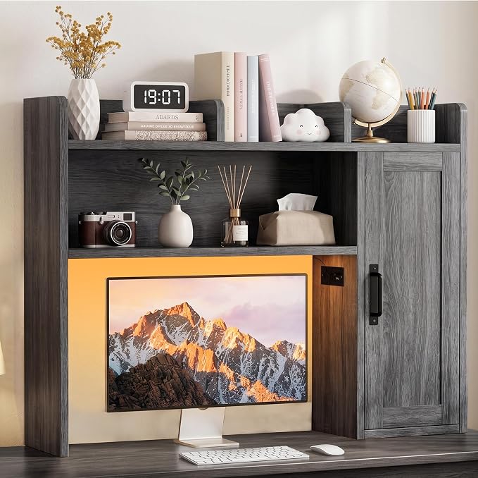 Dorm Desk Hutch, Desktop Shelf with 6 Shelves and Power Outlets 37.4" Desk Hutch with Drawers & RGB LED Light Over Desk Organizer Desktop Storage Shelf for Dorm Office Home Computer Desk-Grey
