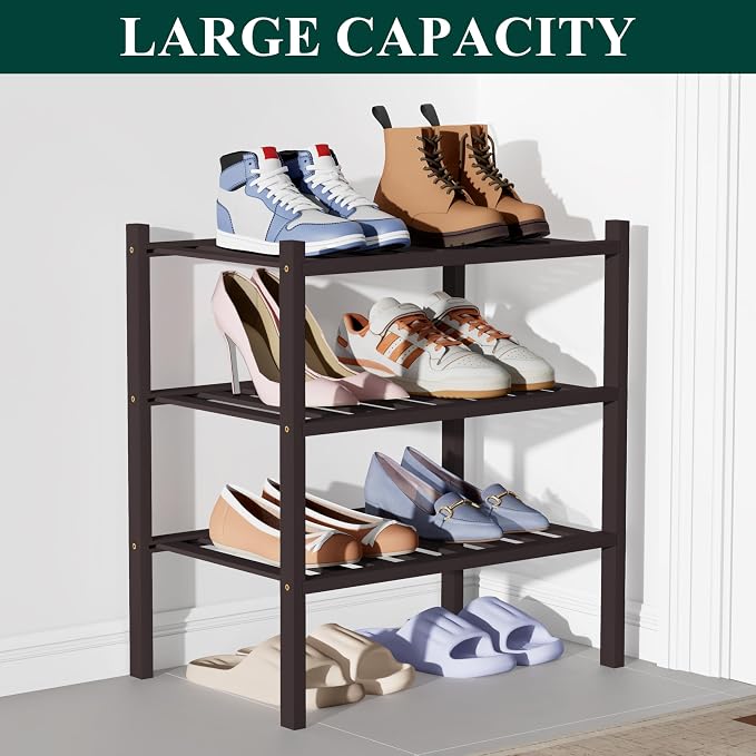 Smiry Bamboo Shoe Rack for Closet, 3 Tier Small Wooden Shoe Organizer, Stackable Wood Shoe Storage Shelf for Entryway, 14 Vertical Slats, One-piece Heavy-Duty Legs, 17.32"x11.02"x18.31", Brown