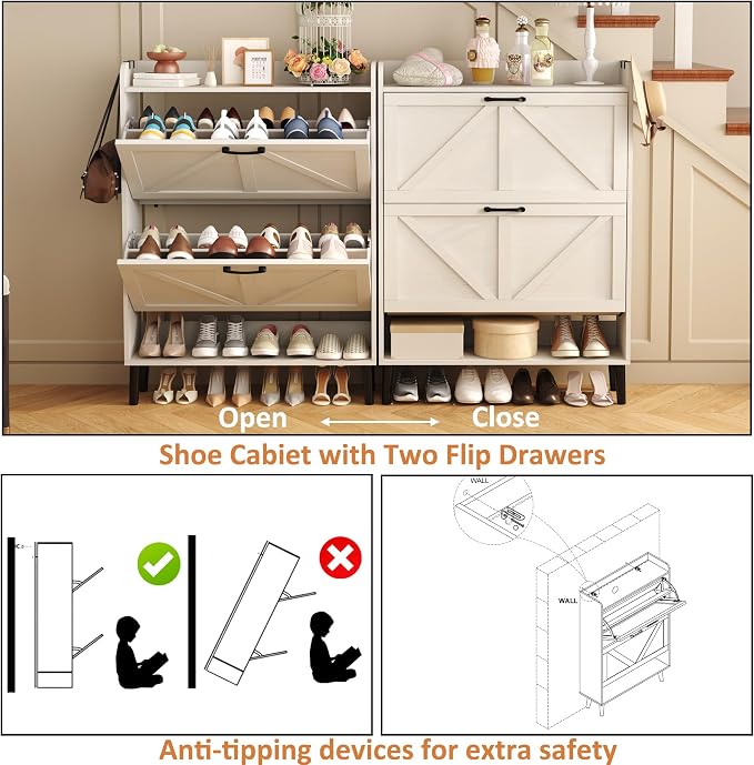 HOMEFORT Shoe Storage Cabinet for Entryway, Slim Shoe Organizer with Two Flip Drawers, Narrow Shoe Holder with Wood Legs, Farmhouse Hidden Shoe Cabinet for Front Door Entrance,Antique White
