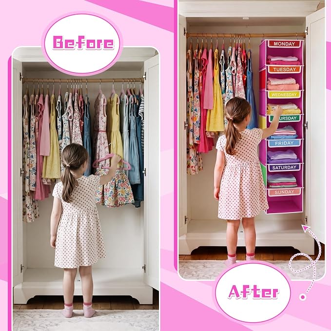 Amylove 2 Pcs 7 Shelf Weekly Clothes Organizer for Kids Hanging Closet Organizer 11. 8 x 11. 8 x 50 Inch Daily Activity Kids Clothes Storage Drawers Cube Drawers Closet Hanging Shelves(Rose Pink)