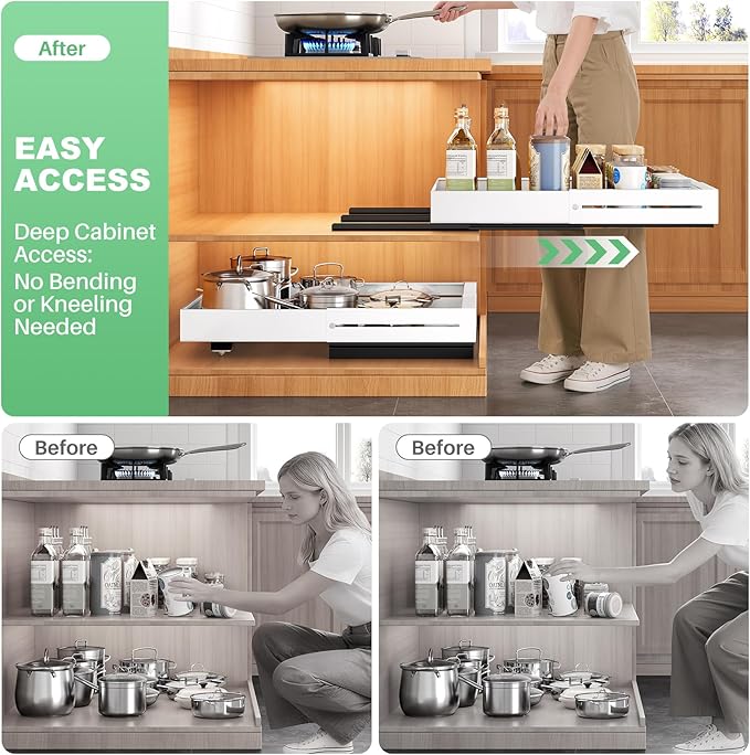 2 Pack Pull out Cabinet Organizer, Expandable Width(14"-24"), Depth(13"-24") with 3 Rails, Slide Out Drawers With Raising Pad for Framed Cabinets, with Adhesive Film for Cabinets in Kitchen, White
