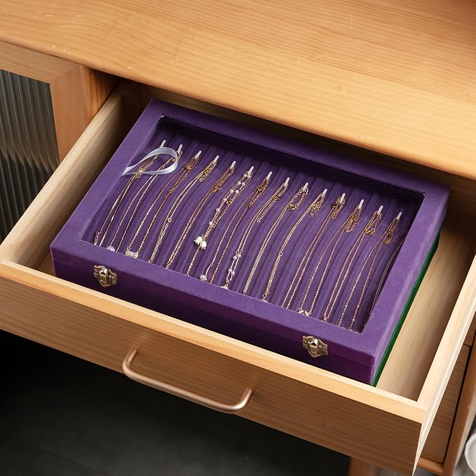 Frebeauty 15 Hooks Necklace Organizer,Velvet Necklace Holder Tray with Lid | Jewelry Organizer for Necklace Pendant Chain,Women Jewelry Box,for Home Use and Jewelry Store,Jewelry Display for Drawer
